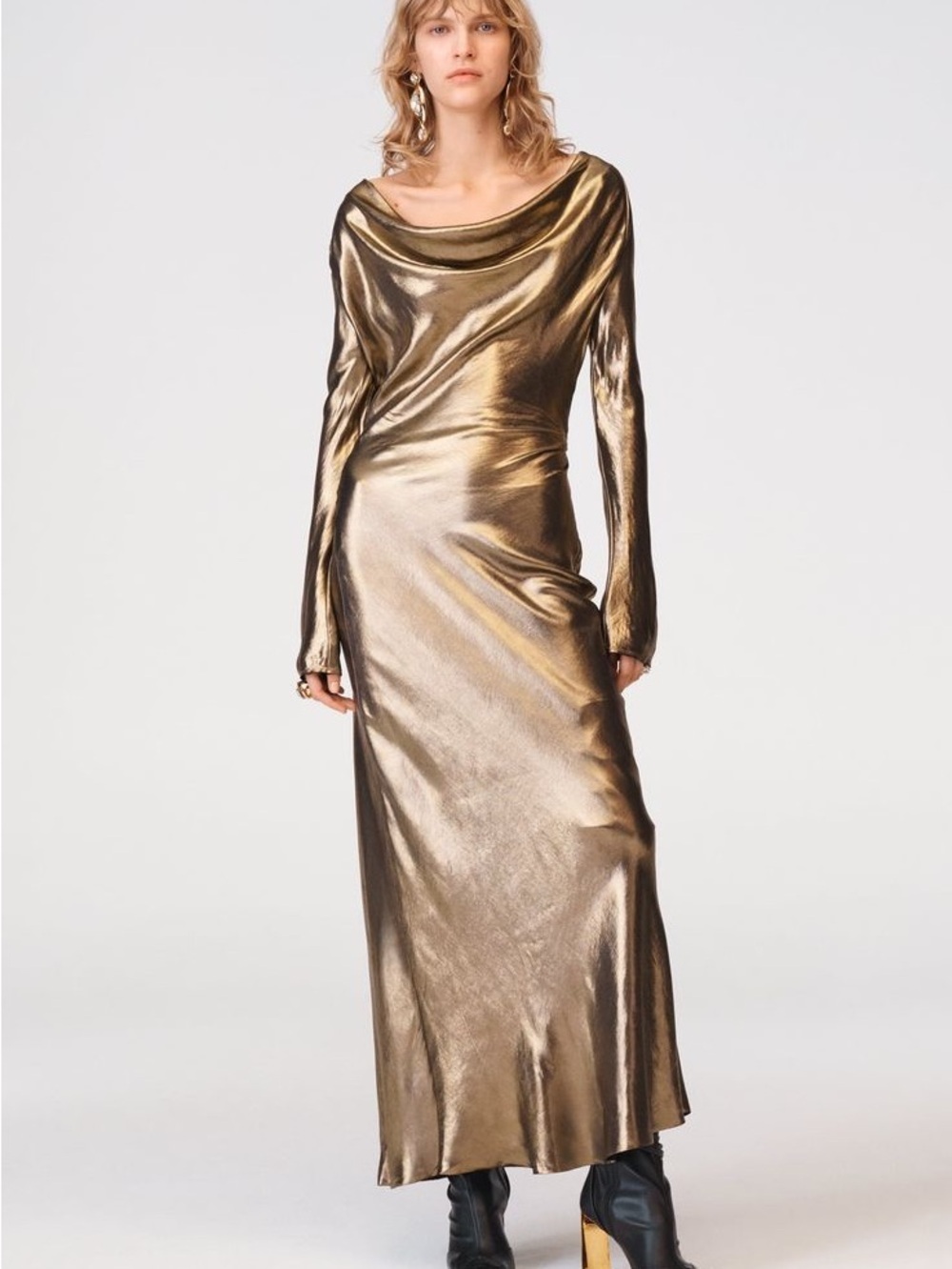 Zara Limited Edition Metallic Gold Cupro Open Back Maxi Dress Gown - Medium NWT